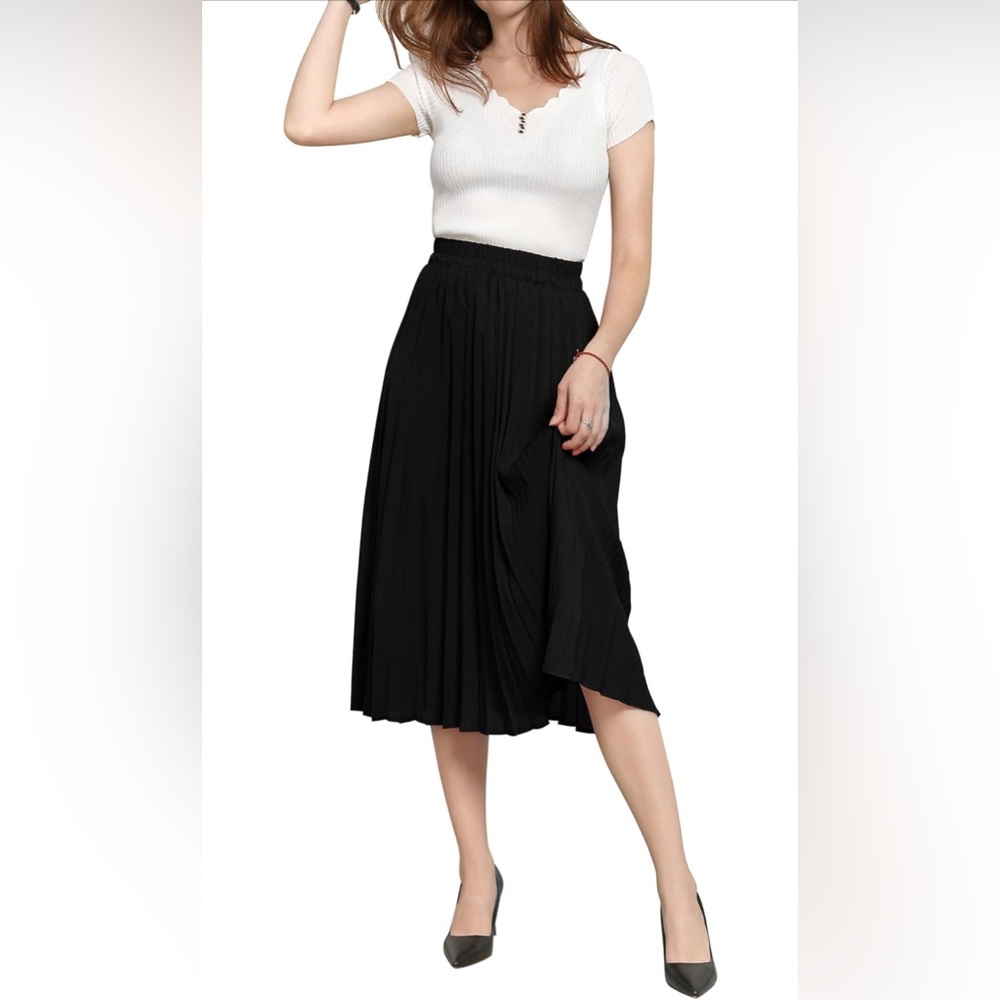 NEW Chic Elastic High Waisted Black Pleated Shirring Midi-Long Skirt